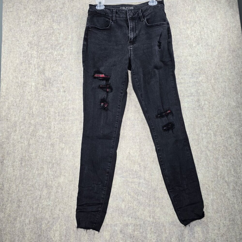 Maurices High-Rise Distressed Black Skinny Jeans Plaid Patchwork Denim
